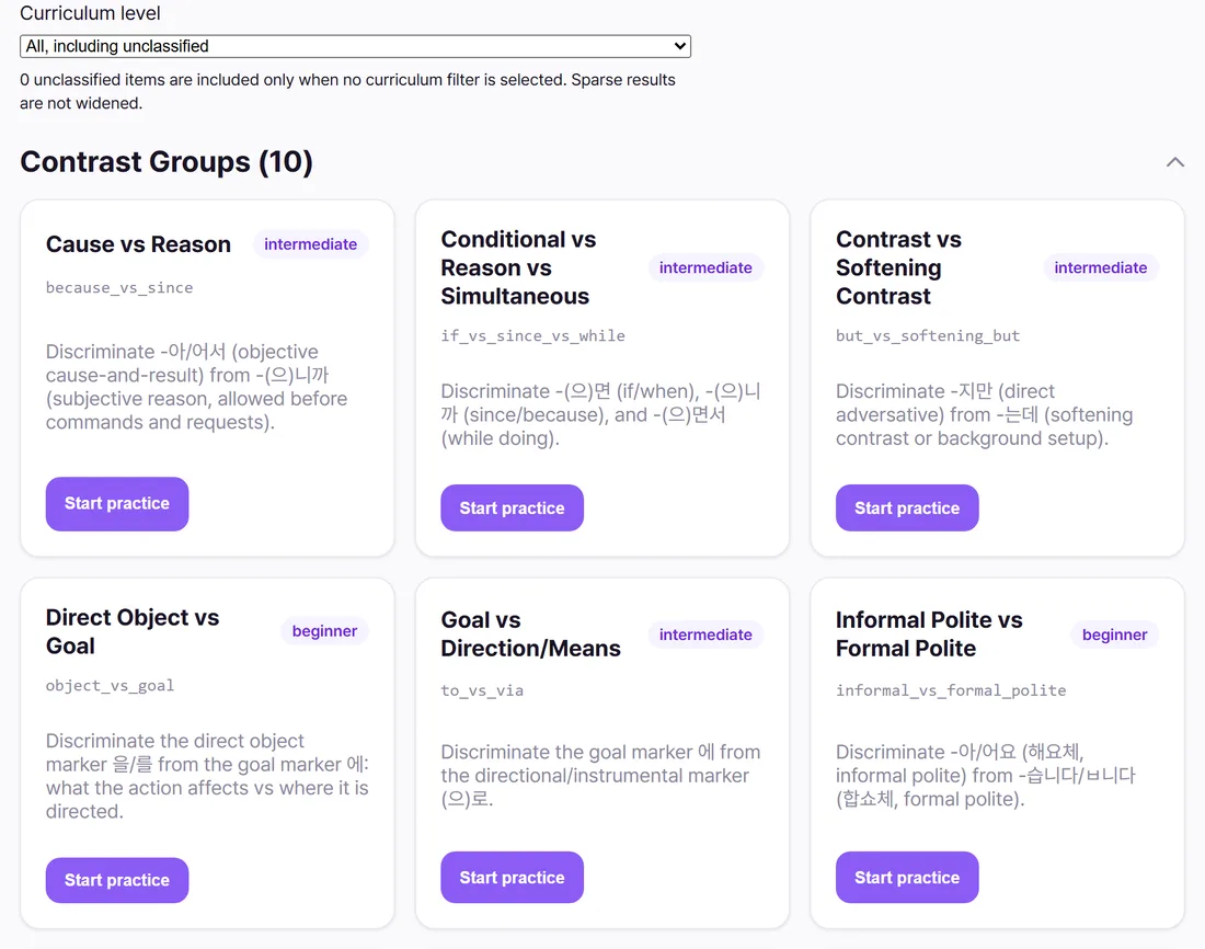 Elephant's grammar practice picker: a curriculum level filter above a grid of contrast groups such as Cause vs Reason and Direct Object vs Goal, each with a short description and a Start practice button.